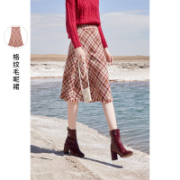 三彩2020冬季新款复古格纹毛呢裙羊毛呢高腰中长毛边半身裙女