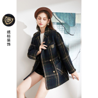 三彩2020冬季新款复古格纹宽松毛呢外套呢大衣绣标贴标上衣女