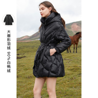 三彩2020冬季新款连帽防风菱格纹白鸭绒羽绒服宽松外套女