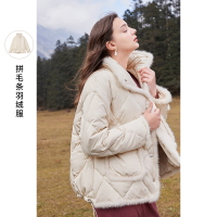 三彩2020年冬季新款温柔气质拼毛廓形羽绒服宽松短款落肩外套女