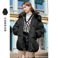 三彩2020年冬季新款立领连帽高端温暖白鸭绒廓形黑色羽绒服女