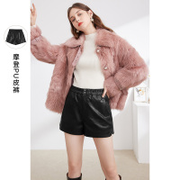 三彩2020秋冬季新款高腰宽松直筒短裤pu皮休闲裤外穿黑色裤子女