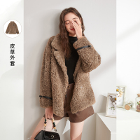 三彩2020年冬季新款立领毛绒绒拼接年轻大衣咖色毛毛皮草外套女