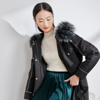三彩2020年冬季新款貉子毛大毛领中长款绣花黑色白鸭绒羽绒服女
