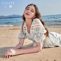 三彩2020春季新款碎花仙女风短袖V领沙滩灯笼袖雪纺印花连衣裙夏