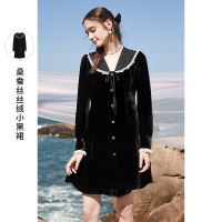 三彩2021春季新款宫廷风金丝绒小黑裙中长款气质年会连衣裙女秋冬