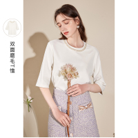 三彩2021春季新款珍珠装饰优雅短袖内搭磨毛白色打底衫T恤女秋冬