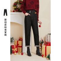 三彩2021春季新款高腰不对称直筒宽松老爹裤皮标牛仔长裤女秋冬