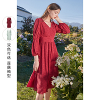 三彩2021春季新款V领中长法式碎花裙红色高腰长袖连衣裙女士显瘦