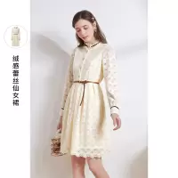 三彩2021春季新款网纱拼接温柔蕾丝仙女裙女腰带复古浪漫连衣裙