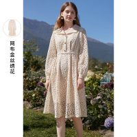 三彩2021春季新款衬衫领法式优雅复古中长款连衣裙重工绣花裙子女