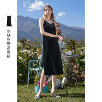 三彩2021春季新款优雅水钻高端金丝绒吊带礼服中长连衣裙女年会