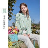 三彩2021春季新款法式小碎花衬衫宽松灯笼袖印花雪纺时尚上衣女士