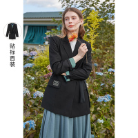 三彩2021春季新款直筒纯色西服时髦贴标双排扣气质小西装外套女