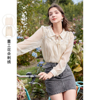 三彩2021春季新款重工雪纺衬衫女仙气设计感时尚小众刺绣小衫薄款