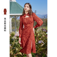 三彩2021春季新款复古改良国风旗袍中长款红色灯笼袖连衣裙女秋冬