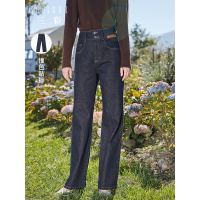 三彩2021春季新款复古高腰直筒深色显瘦牛仔贴标长裤女宽松通勤