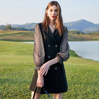 三彩2021春季新款收腰法式复古赫本胖mm西装裙长袖连衣裙大码女装