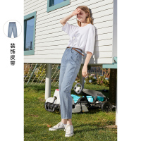 三彩2021春季新款高腰显瘦锥形裤水洗直筒九分牛仔老爹裤女腰带