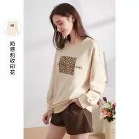 三彩2021春季新款圆领男友风豹纹印花宽松韩版卫衣上衣女潮ins