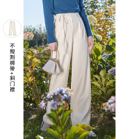 三彩2021春季新款高腰休闲阔腿直筒长裤绑带纯色西装裤女宽松通勤