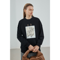 伊布都ibudu2021春季新款小众设计感上衣圆领宽松印花珠绣卫衣女