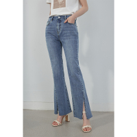 伊布都ibudu2021春季新款时髦开叉设计感长裤高腰牛仔裤喇叭裤女