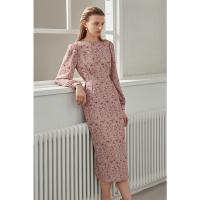 伊布都ibudu2021春季新款法式印花长裙泡泡袖收腰中长款连衣裙女