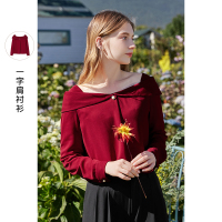 三彩2021春季新款优雅一字肩衬衫洋气宽松设计感小众长袖上衣女