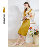 三彩2021春季新款深V领无袖毛衫裙中长款收腰纯色针织背带裙女