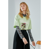 伊布都ibudu2021春季新款小众艺术感印花上衣女宽松圆领短袖T恤