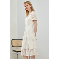 伊布都ibudu2021春季新款甜美短袖蕾丝裙复古泡泡袖中长款连衣裙