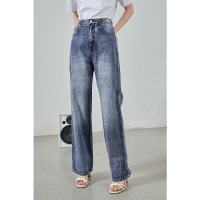 伊布都ibudu2021春季新款设计感高腰直筒牛仔裤链条装饰宽松长裤