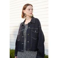 伊布都ibudu2021春季新款休闲风宽松短款深色牛仔外套女时髦