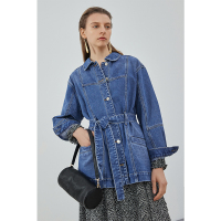 伊布都ibudu2021春季新款复古宽松牛仔外套纯色宽松腰带外套女