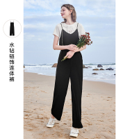 三彩2021春季新款优雅钻链V领吊带连体裤女时髦高腰阔腿裤显瘦