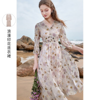 三彩2021春季新款优雅雪纺印花裙女V领甜美灯笼袖中长款连衣裙
