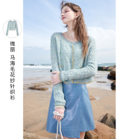 三彩2021春季新款优雅香风针织开衫女圆领单排扣短款小衫淑女