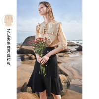 三彩2021春季新款减龄海军领小衫女单排扣灯笼袖重磅轻奢真丝衬衫