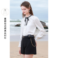 三彩2021春季新款复古丝绒织带小衫女花边真丝白衬衫甜美小衫