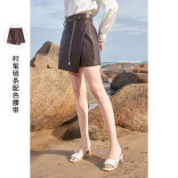 三彩2021春季新款时髦设计感不规则半身裙高腰包臀PU短裙