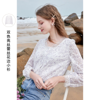 三彩2021春季新款气质双色花边蕾丝小衫女单排扣长袖衬衫上衣优雅