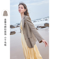 三彩2021春季新款英伦复古西装外套雅时髦千鸟格直筒大衣