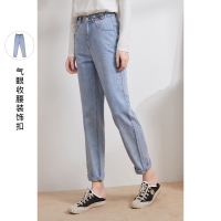 三彩2021春季新款设计感高腰直筒长裤女水洗牛仔裤休闲裤老爹裤