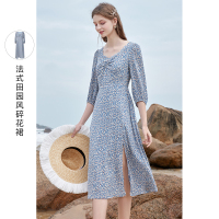 三彩2021春季新款钻石领高腰中长款开叉碎花裙女法式田园风连衣裙