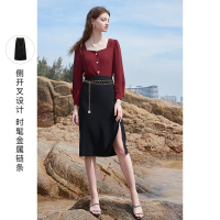 三彩2021春季新款高腰中长款半身裙雅包臀开叉裙子显瘦女神