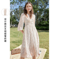 三彩2021春季新款圆领高腰中长款连衣裙女宽松灯笼袖碎花裙