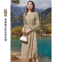 三彩2021春季新款复古圆领花边长袖碎花裙连衣裙女收腰显瘦中长款