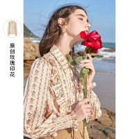 三彩2021春季新款复古玫瑰印花木耳边衬衫浪漫灯笼袖小衫女上衣