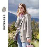 三彩2021春季新款复古格纹西装宽松廓形外套女时髦垫肩长袖